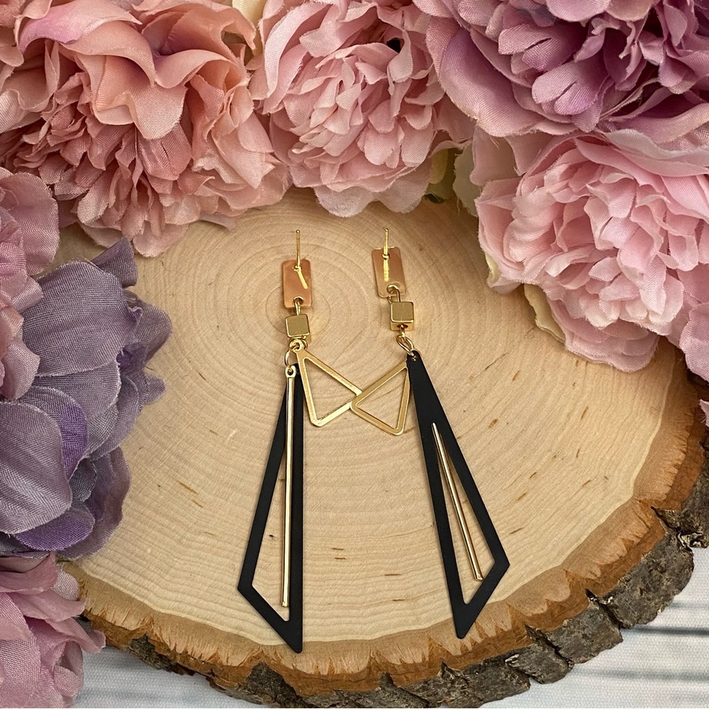 Long Statement Triangular Tassel Dangle Earrings - Picture 9 of 11